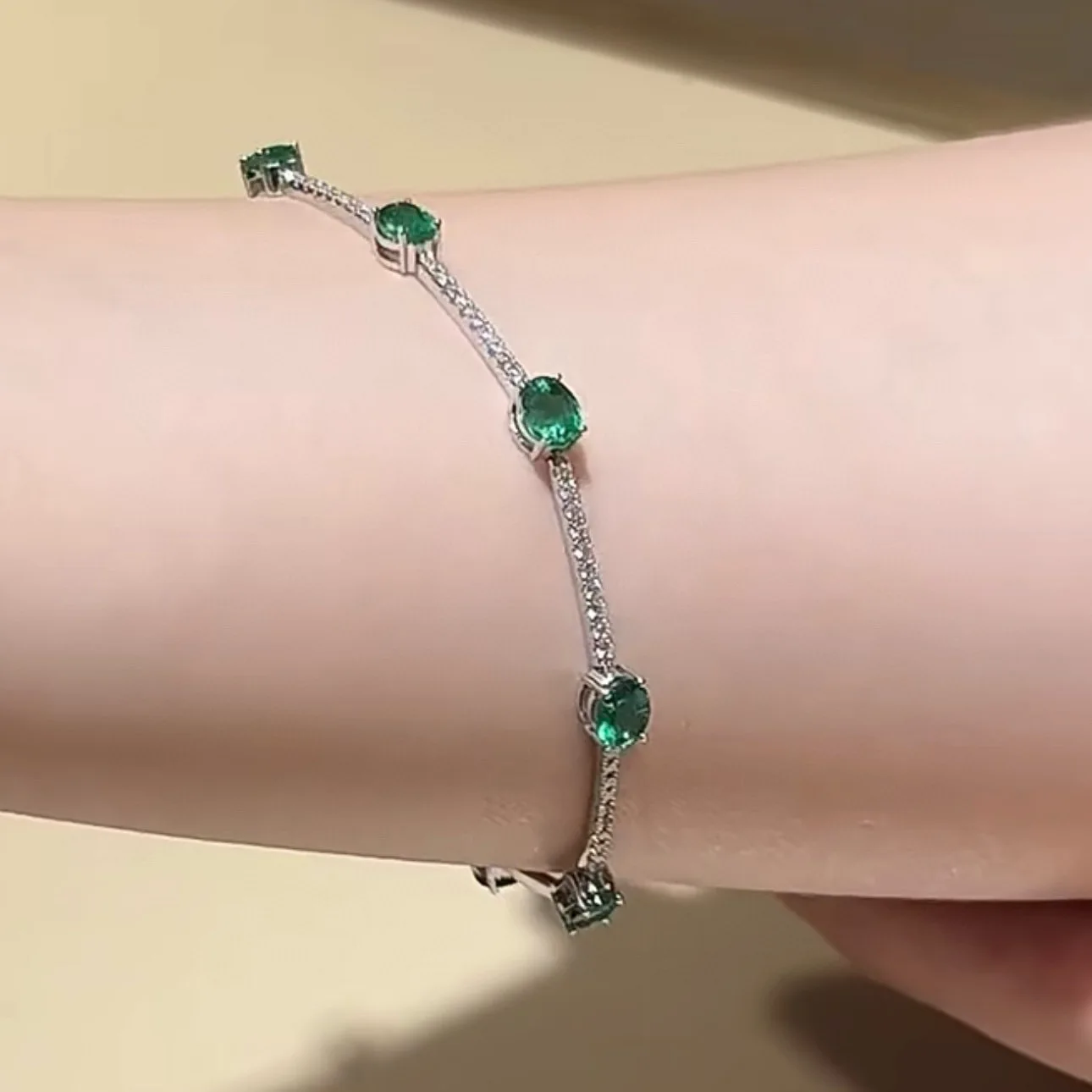 

100% 925 Sterling Silver 17cm Pave 5A Zirconia Emerald Gemstone Bracelet For Women Fine Jewelry