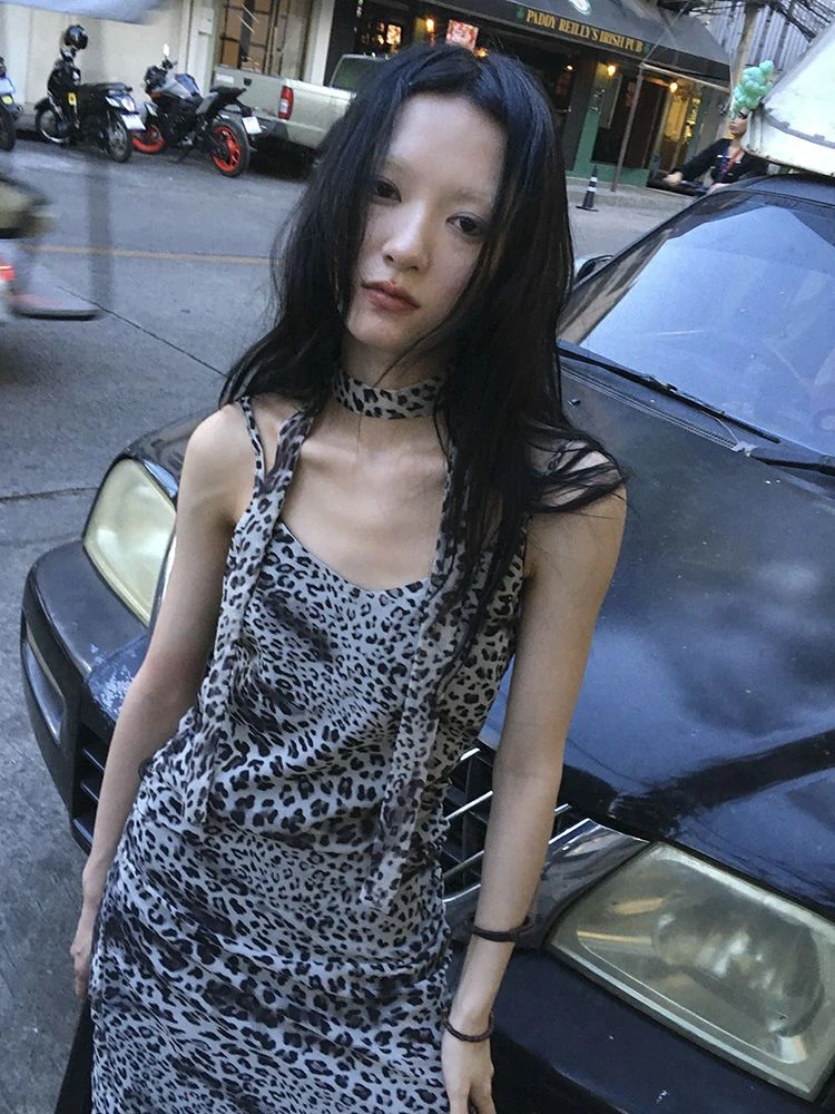 Vestido Retro con estampado de leopardo para mujer, Vestidos irregulares ajustados sin mangas de verano 2025, Vestidos de calle Y2k con espalda descubierta