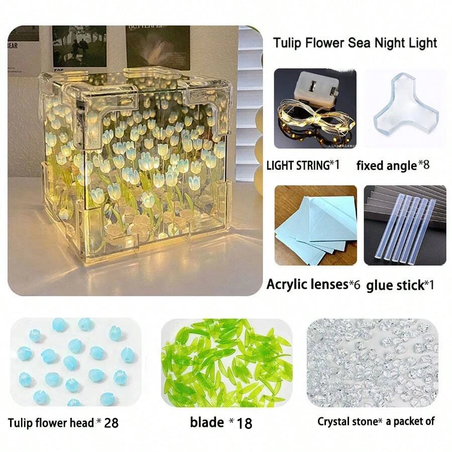 Tulip Mirror Cube Lamp Simulation Flower Bedroom Sleeping Table Lamp Handmade Craft Tulips Mirror Decor Night Light Birthday