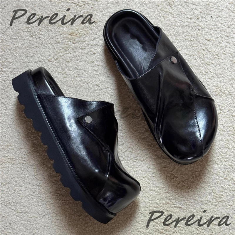 

Retro Big Round Toe Casual Shoes for Men Punk Black Leather Thick Soled Flip Up Half Slippers Niche Design Splicing Flat Sandals