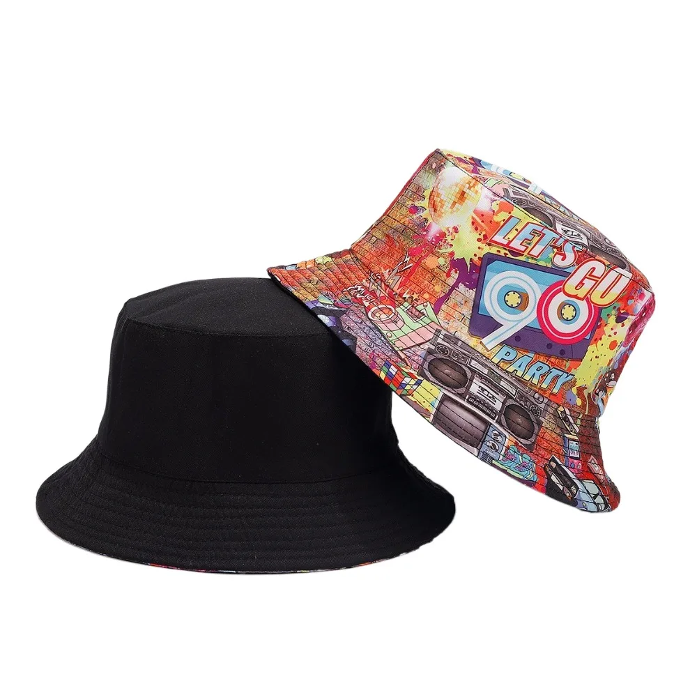 جديد 80s 90s قبعة الصيد الملونة تنفس الشمس قبعة واقية مزدوجة الجانب الهيب هوب نمط طباعة قبعة الصيف