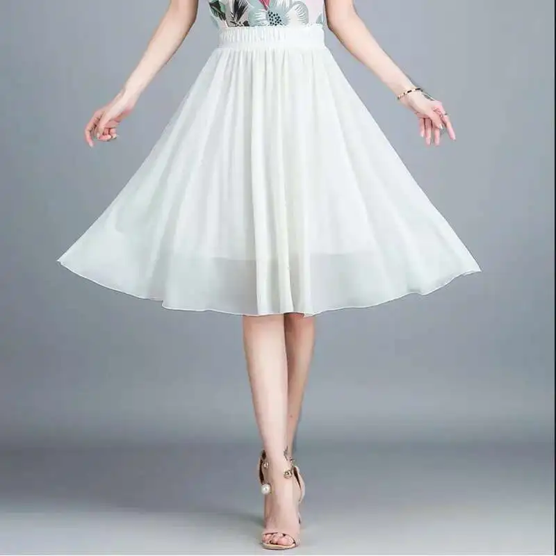 #1703 Black White Green Red Blue Chiffon Skirts Womens Elastic High Waist Pleated A-line Skirt Female Formal Skirt Knee Length