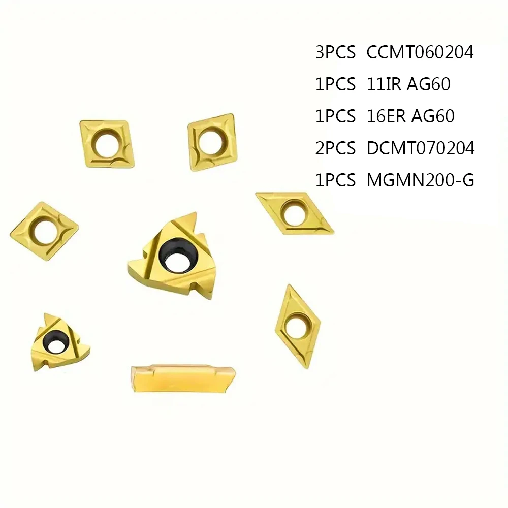 8pcs hard alloy cutting tools CCMT060204, DCMT070204, 11IR Ag60, 16ER AG60, MGMN200 are used for 1/2 