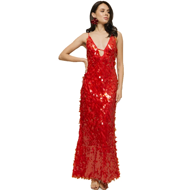 

2025 New Arrival Women V Neckline Spaghetti Strap Shoulder Long Gown Evening Party Dresses Red Plunge Neck Sequin Maxi Dress