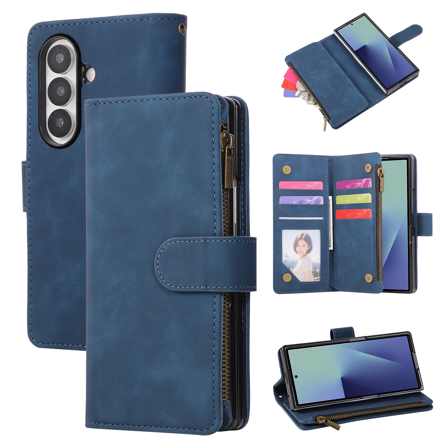 Zipper Magnetic Leather Phone Case for Samsung Galaxy Z Fold 7 6 5 4 3 5G Fold7 Fold6 Multi-card Wallet Kickstand Card Cover