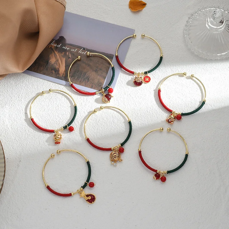 New Chinese Style Retro Winding Broken Ring This Animal Year Red Rope Lucky Micro Inlaid Alloy Pendant Bracelet