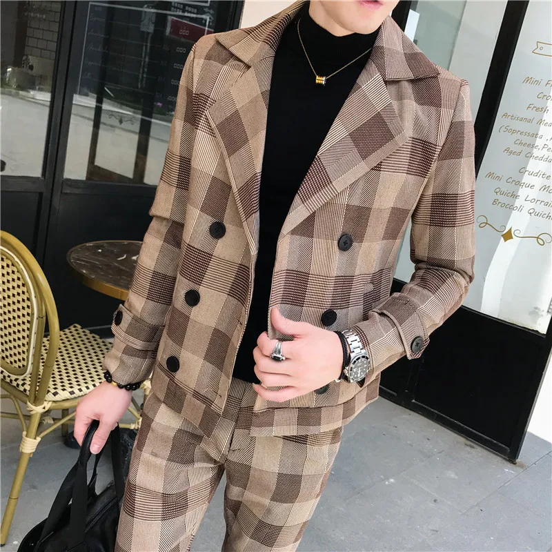 Casual Plaid Suits Jacket & Full Pant Slim Fit 2-Piece Men's Sets Spring Autumn European-Style Dress Coat Tracksuit Top Clothing
