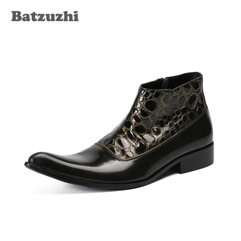 

Batzuzhi Western Boots Men Zip Pointed Toe Genuine Leather Boots Men Business Dress Boots Short Motocycle Botas, Big Size US6-12