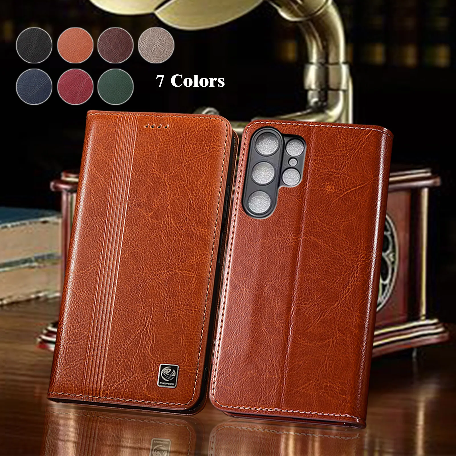 

Genuine Leather Case For Samsung Galaxy S21 S22 S23 S24 S25 Edge Plus Ultra FE Vertical Line Pattern Of Flip Phone Wallet Cover