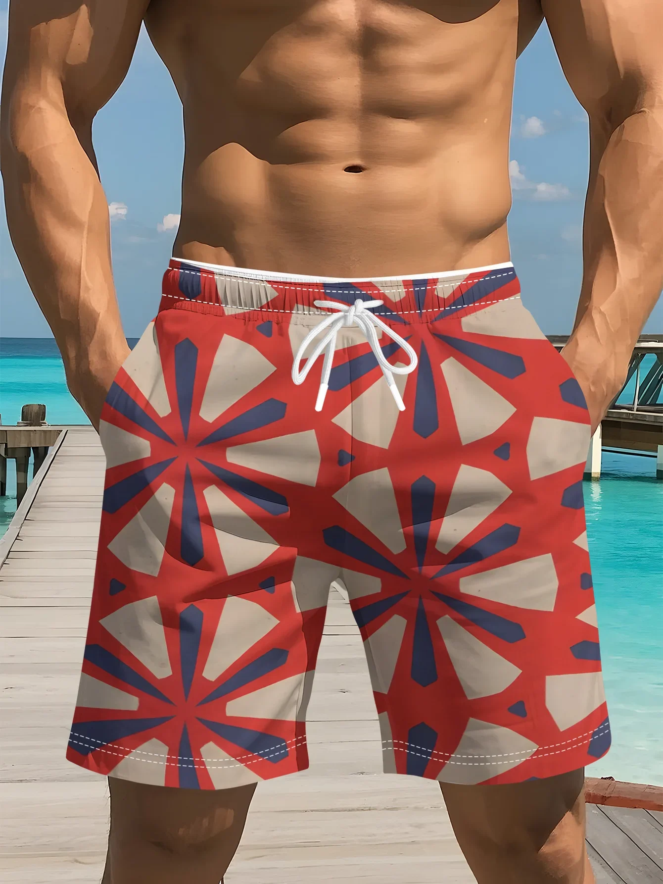 Beach and pool party casual men's surf shorts smooth fabric all-over printed bright-colored silhouette rectangular pattern