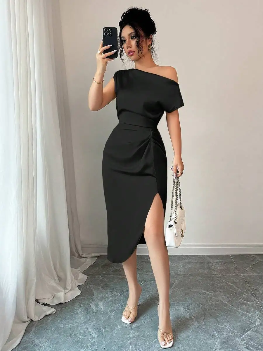 

Women Off Shoulder Ruched Satin Midi Dress With Side Slit