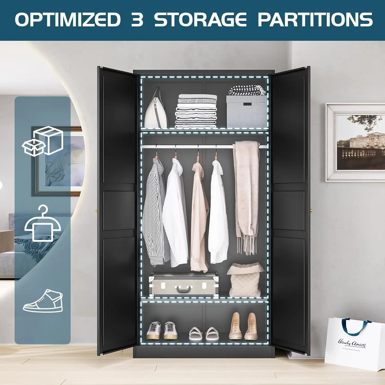 MIIIKO Wardrobe Closet with 2 Doors, 72" Metal Wardrobe Cabinet with Hanging Rod, Bedroom Armoires Laundry Room。