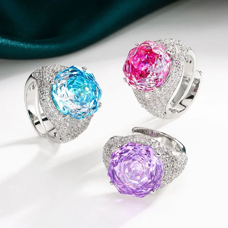 

Adjustable Statement Ring with 14mm Square Cut Pink Purple Gemstone Sparkling Cubic Zirconia Accents Fashion Jewelry for Women