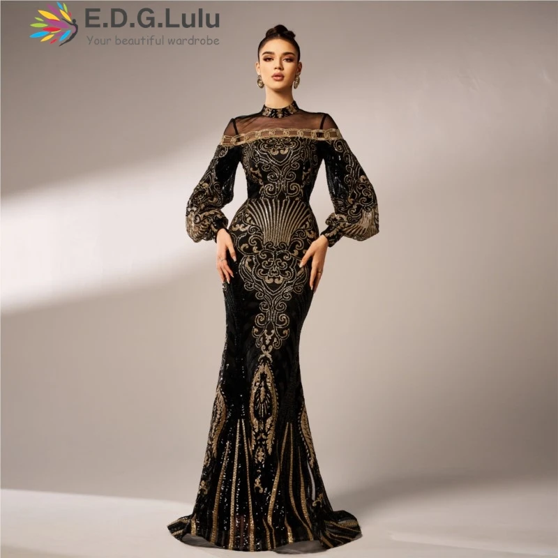 EDGLuLu  O Neck Mesh Patchwork Gold Sequin Print Woman Elegant Dress Lantern Sleeve Long Mermaid Dresses Floor Length Dress 1205