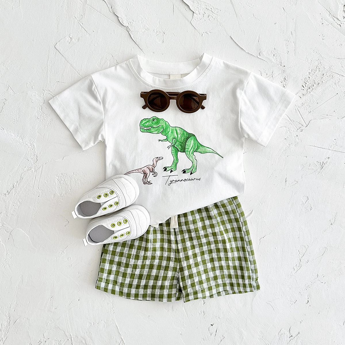 Baby Clothes Set Newborn Boys 2Pcs Casual Dinosaur Print Short Sleeved T-shirt+plaid Shorts Toddler Girl Summer Kids Outfit Set