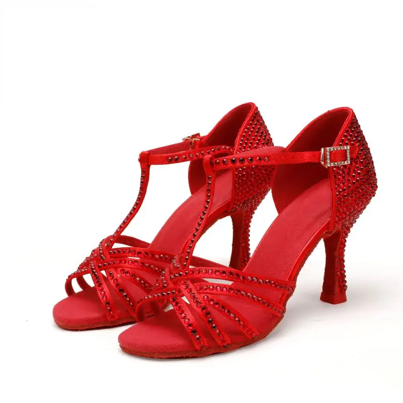 Red Latin Dance Shoes Women Rhinestone Satin Sandal Lady Ballroom Salsa Highheels Pro Soft Sole Comfortable Stable Heel SJdance