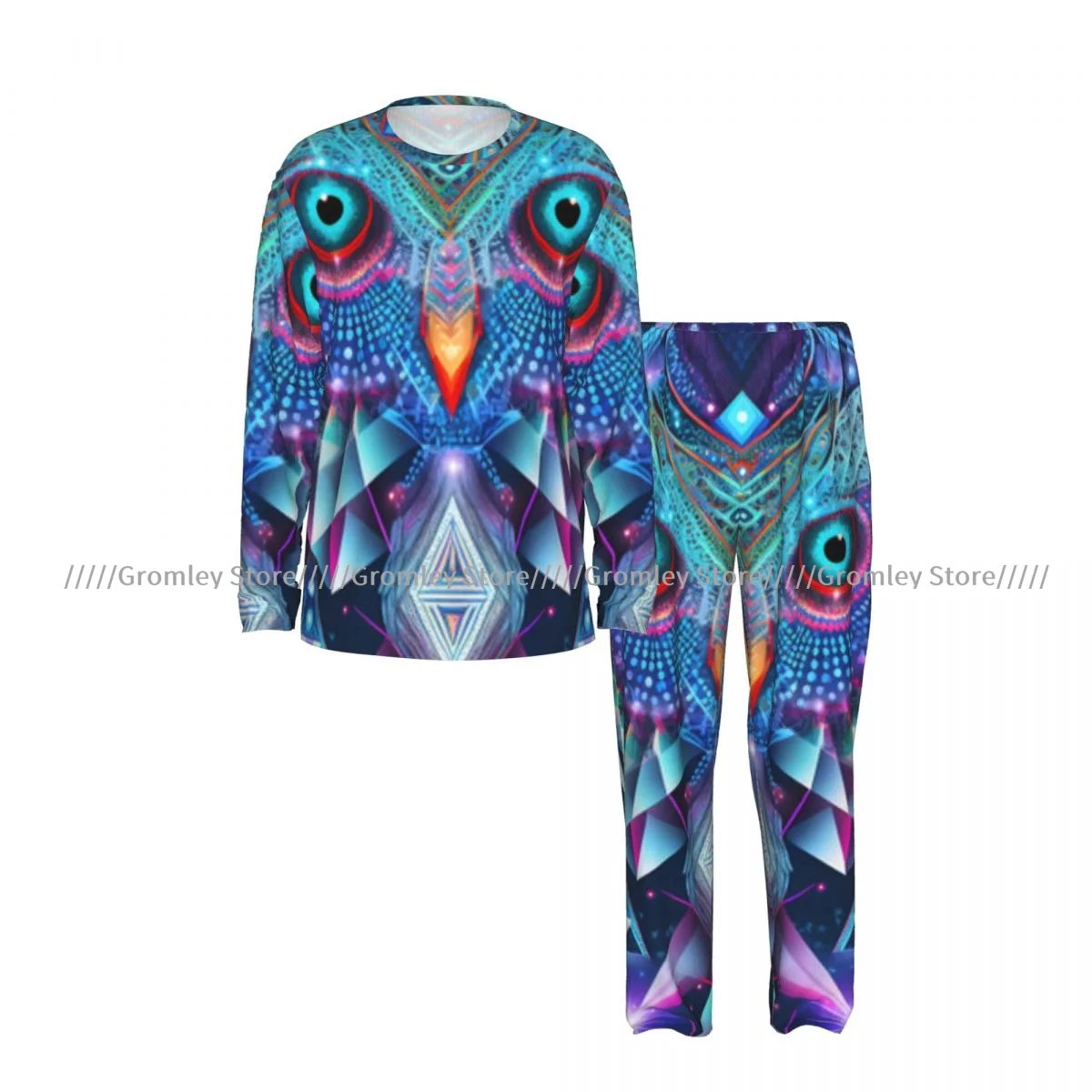 Men's Pajama Set Long Sleeve and Long Pants Owl With Sacred Geometry Colorful Illustration Soft Sleepwear for Home