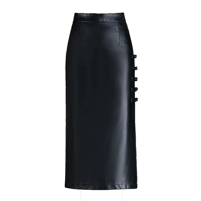 Y2K Leather Skirt Women Black High Waist Hip Hugging Split Pu Straight Tube Slimming Midi
