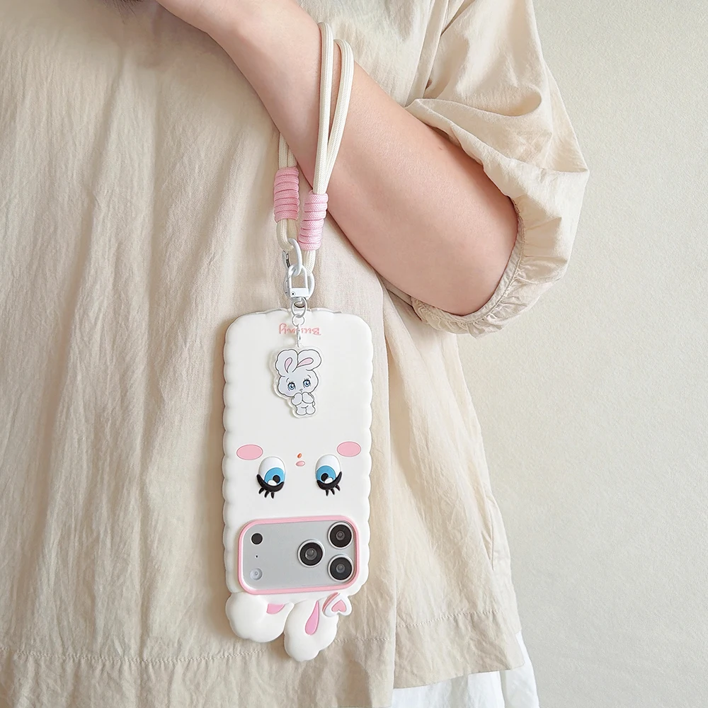 Kawaii 3D Cartoon Hasen-Handyhülle aus weichem Silikon für iPhone 16 17 18 Pro Max, niedliche, stoßfeste Rückseite mit Trageband, Fundas – Detail 3