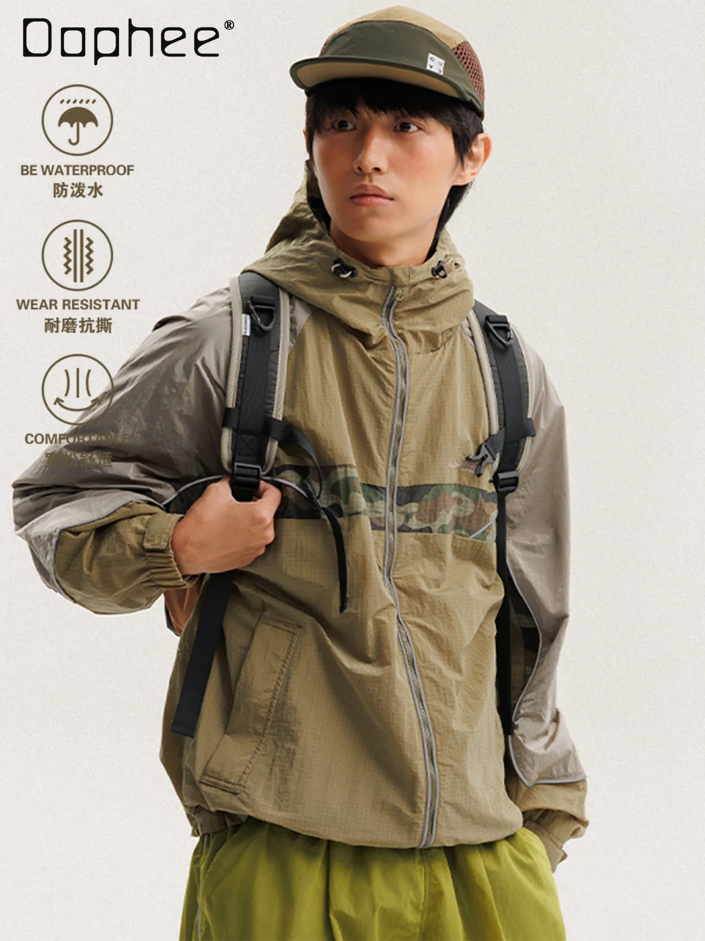 Spring Autumn Outdoor Water Resistant Hiking Purple Blue Spliced Reflective Stripe Loose Men's Green Trekking Climbing Jacket