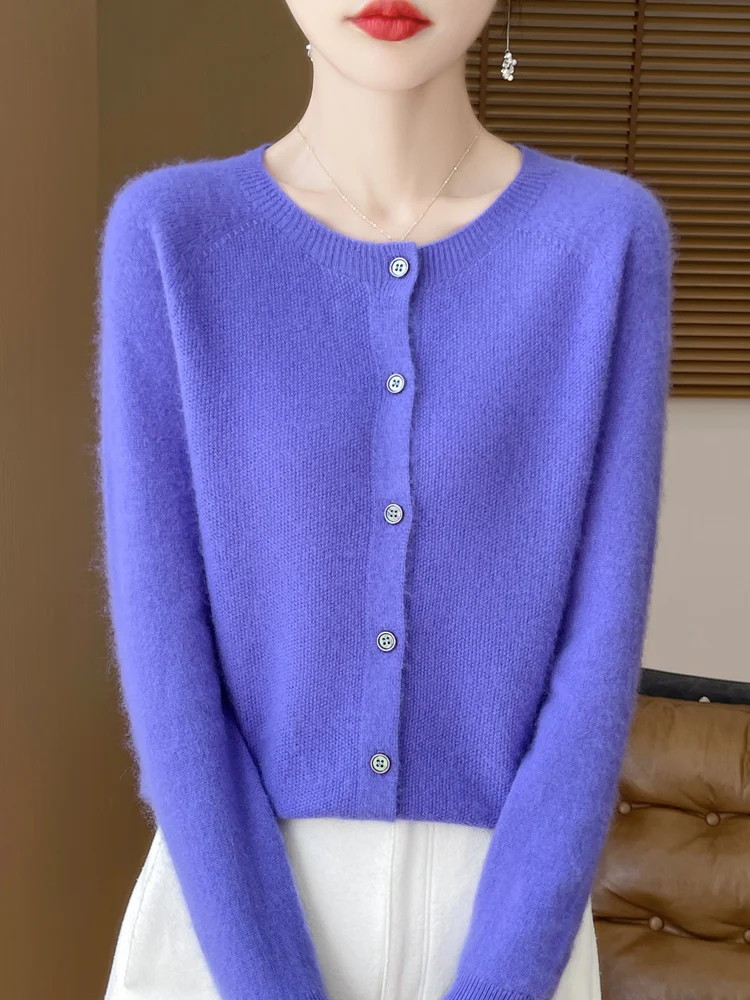 

Однотонный базовый кардиган Grace, осень-зима, трикотаж из 100% мериносовой шерсти, мягкий теплый свитер с круглым вырезом, женская одежда, офисный женский топ