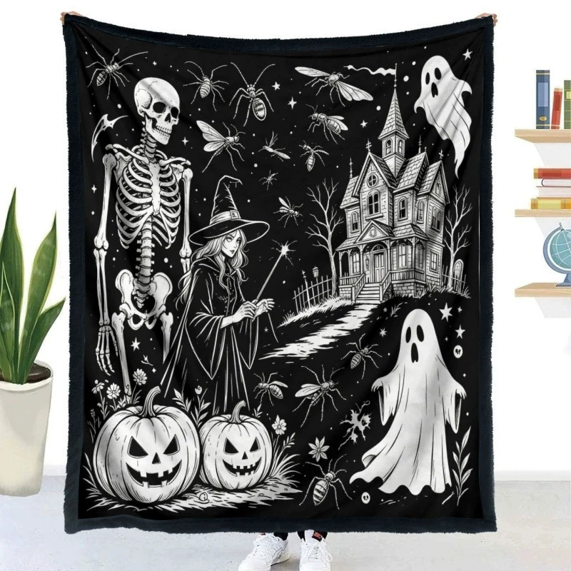 Black Halloween Scene Blanket Witch Magic Wand Ghost Pumpkin DIY blanket Lightweight Couch Cover Holiday Gift