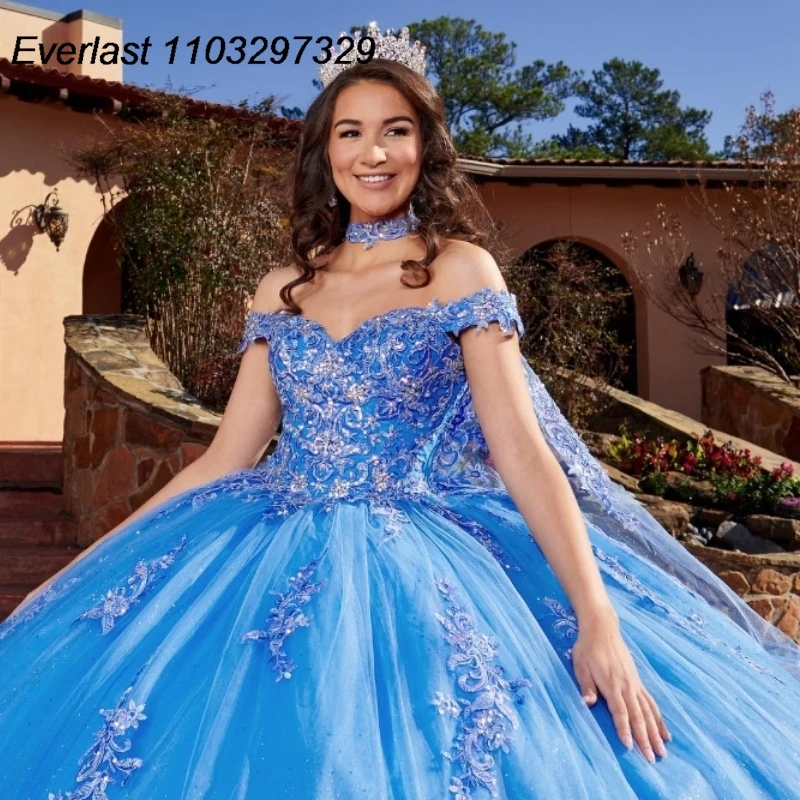 EVLAST-Robe de RhQuinceanera bleue personnalisée, appliques en dentelle florale 3D, perles avec cape, Sweet 16, robe éducative, 15 ans, TQD763