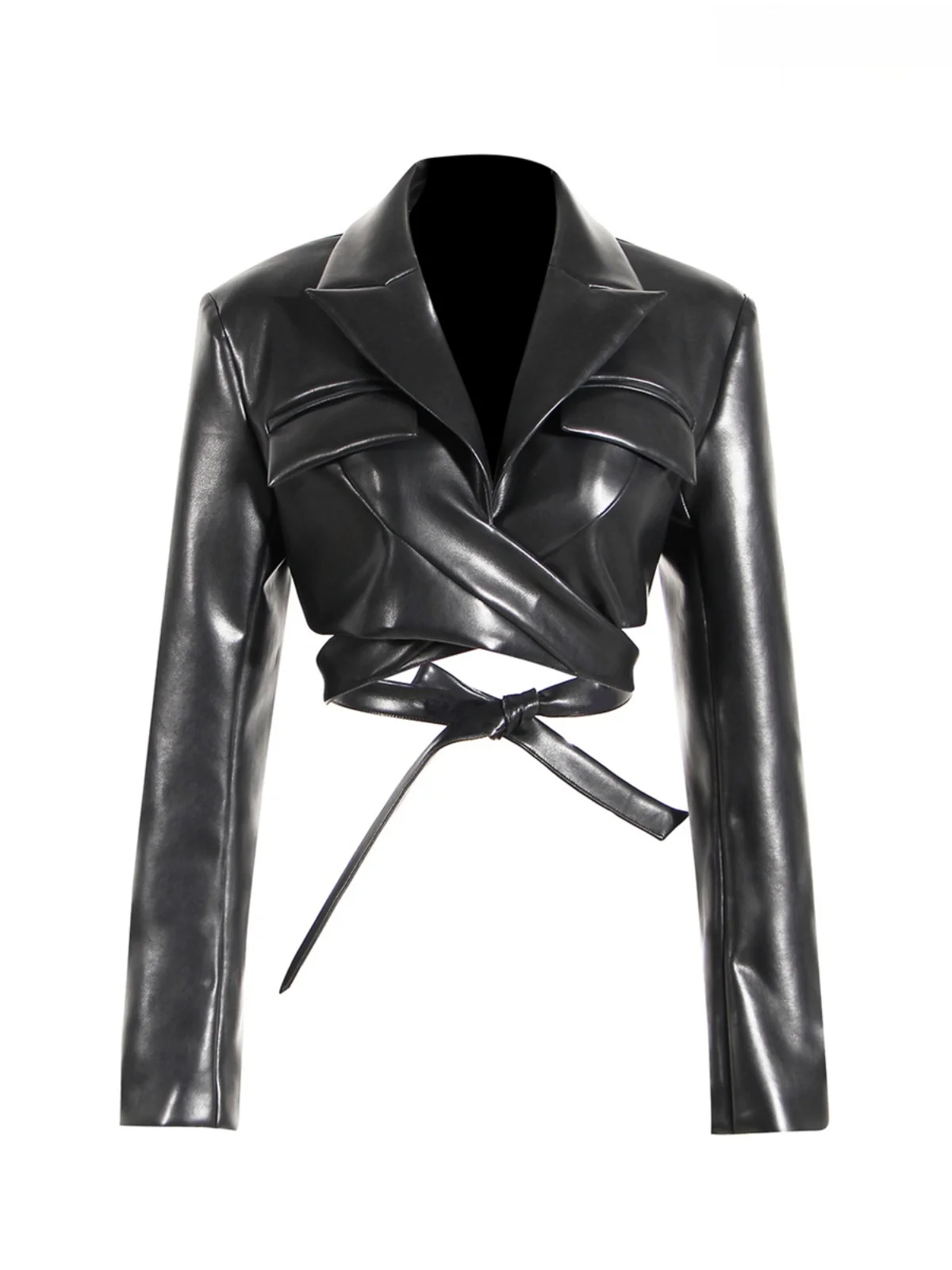 

Сексуальный укороченный жакет из искусственной кожи с эффектом утяжки талии, длинными рукавами, подчеркивающий грудь, с перекрестными ремешками, в уличном стиле, на молнии