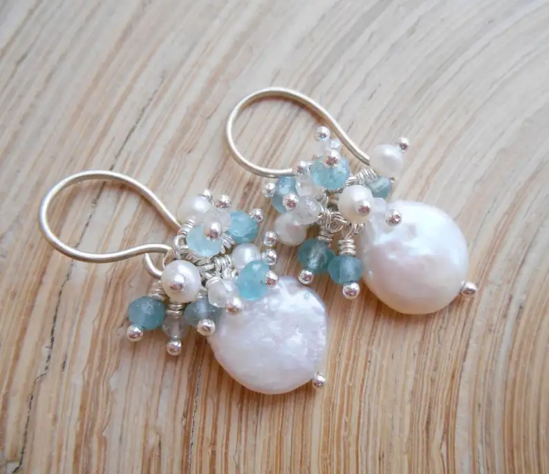 Josiane coin pearl gemstone cluster earrings baby light blue white aquamarine quartz freshwater pearl sterling silver March June