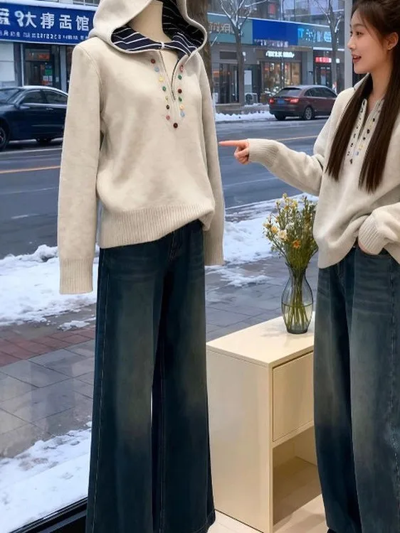 

Loose Fit Knitted f Zipper Hoodie Women's Autumn Winter New Sle Design Versatile Knitted Top Soft Texture Long Sve