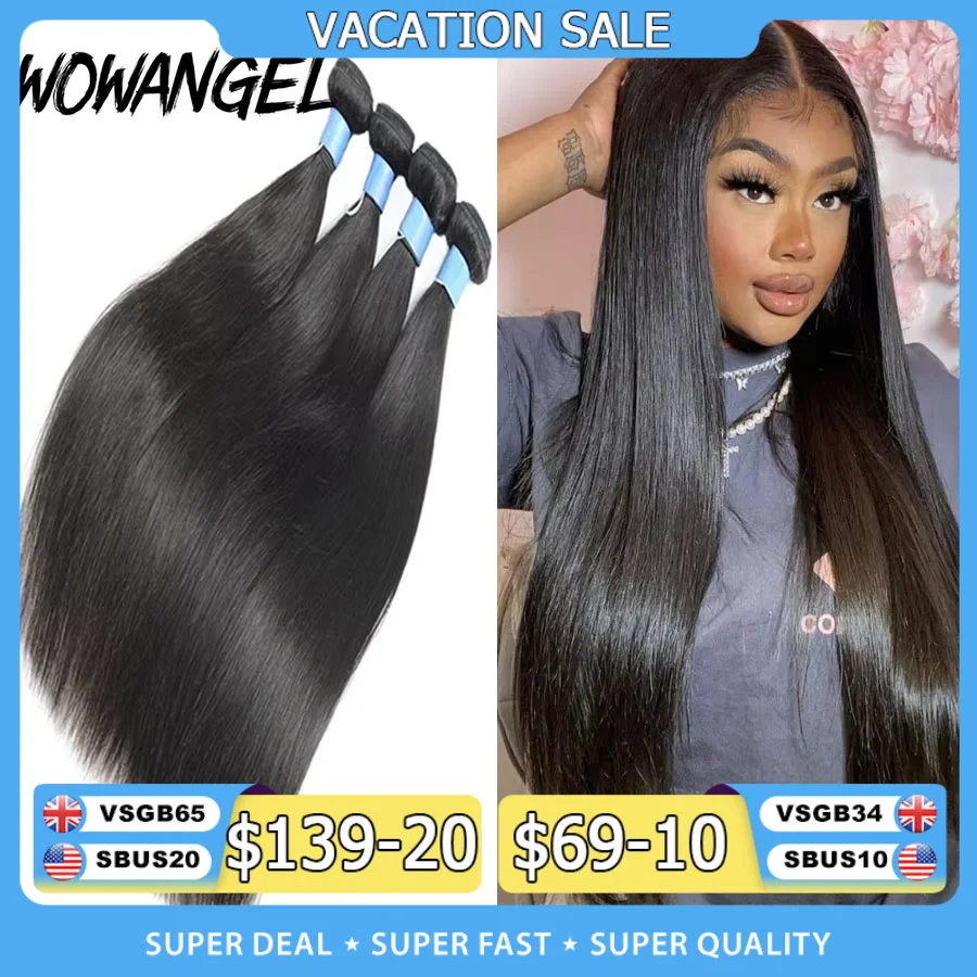 Wow Angel-extensiones de cabello humano brasileño Remy, liso, 28 y 30 pulgadas, 100% cabello sedoso, 3/4 piezas, cabello virgen
