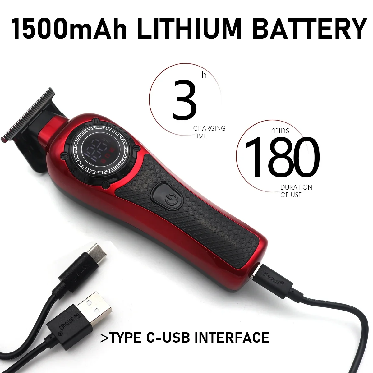 Cortadora de pelo Kemei KM-999 para hombres DLC T-Blade Zero Gapped pantalla LED inalámbrica USB cortadora de pelo profesional máquina de acabado