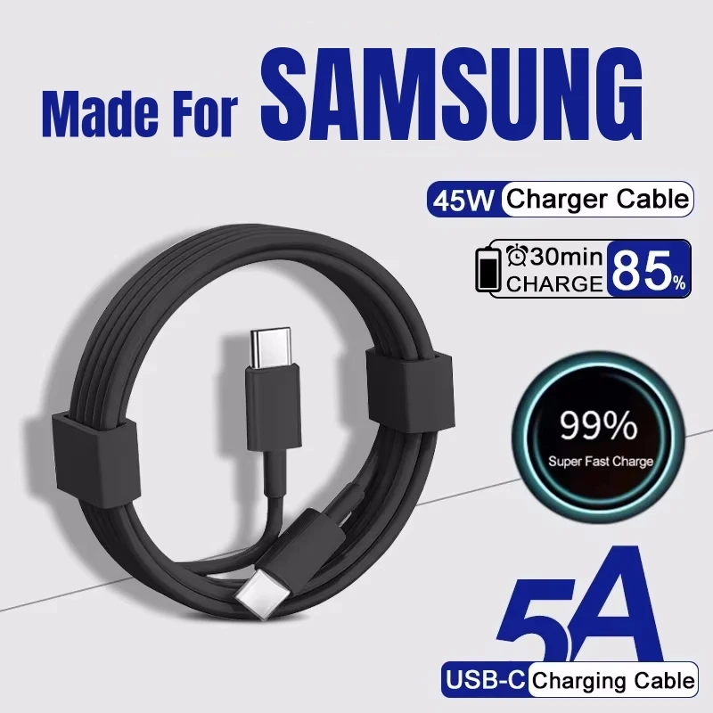 Cabo USB C Original PD Rápido para Carregador Super Rápido de 45W Samsung S24 S23 S22 S21 Tipo C 25W 5A Cabo de Dados Note20 A54 A55