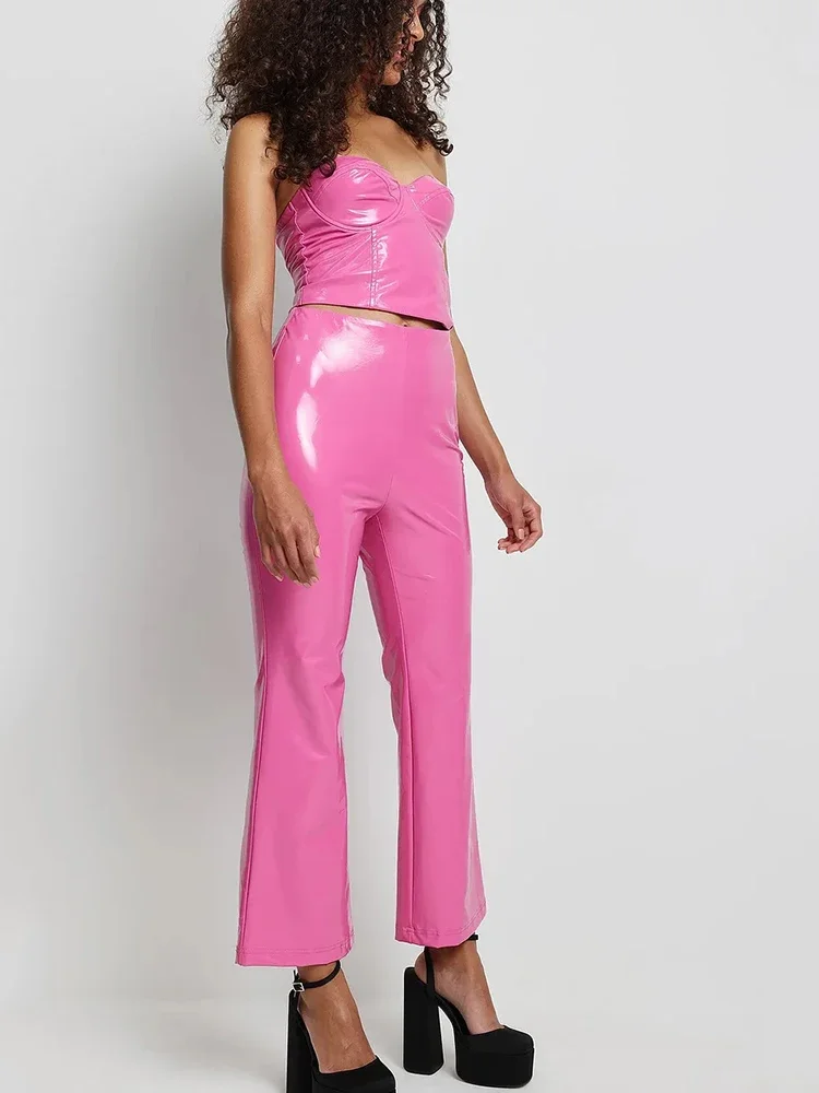 

Women's High Waist Faux Latex Flare Pants Stretch Slim Black Patent Leather Bell-bottoms Trousers Ladies Bodycon PU Pants Custom