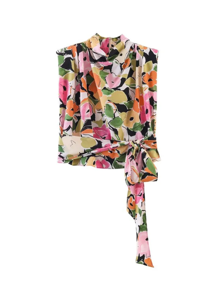 

Women Blouses Shirts Tops 2026 Vintage Floral Print Drawstring Bow Sleeveless Female Elegant Street Tank Top Clothes