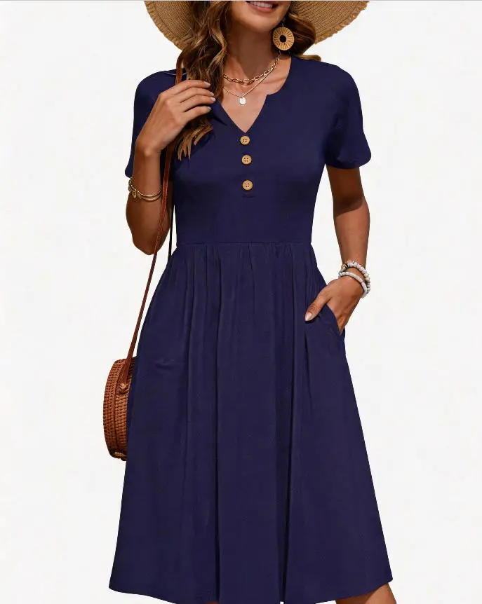 Plus-Size Damen Elastisches Midikleid mit V-Ausschnitt, Knopfverzierung, Kurzen Ärmeln, Lässiges A-Linien-Kleid mit Taschen für Damen – Detail 7