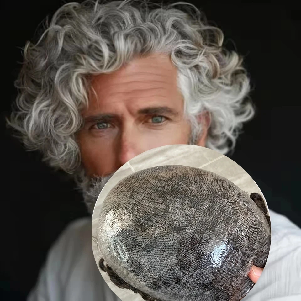 

Old Male Grey Hair System 26mm Natural Curly Hairstyle Human Hair Thin Microskin Base Toupee 1B20 1B65 Durable Natural Hairline