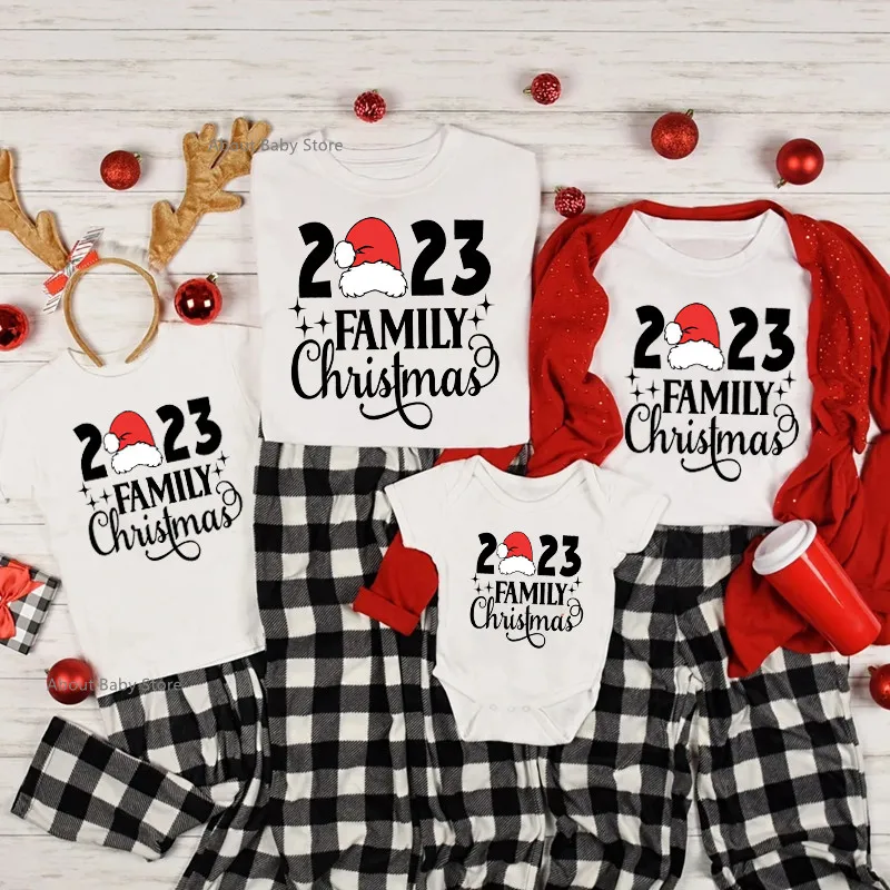 2023 Family Christmas Shirts Cotton Family Matching Outfits Dad Mom Kids Tshirts Baby Rompers Matching Pajamas Xmas Clothes Gift