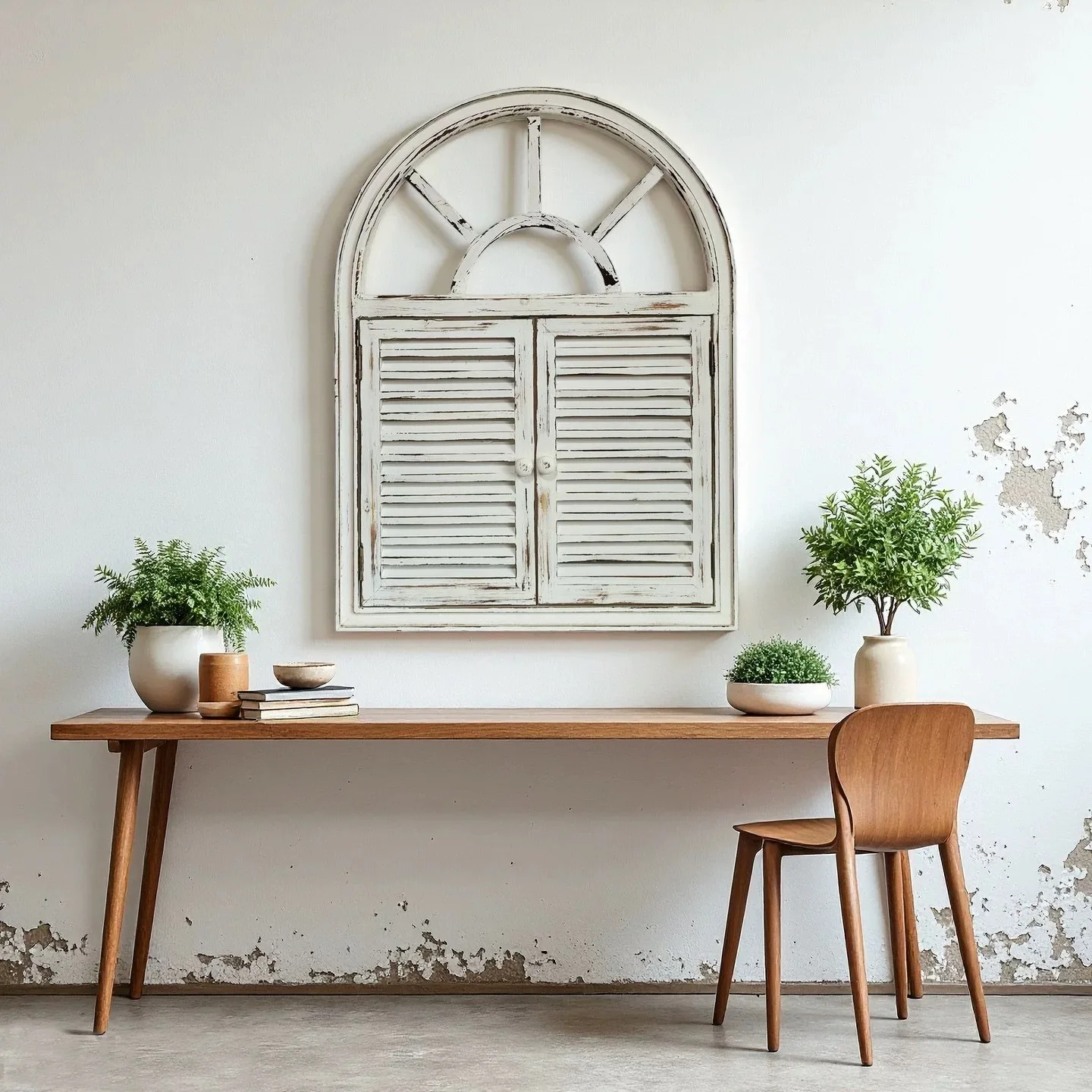 Rustic Arched Window Frame Wall Decor with Louvered Shutters, Distressed White Wood,Vintage Farmhouse Style,23.6 x 31.5 x 1.2in