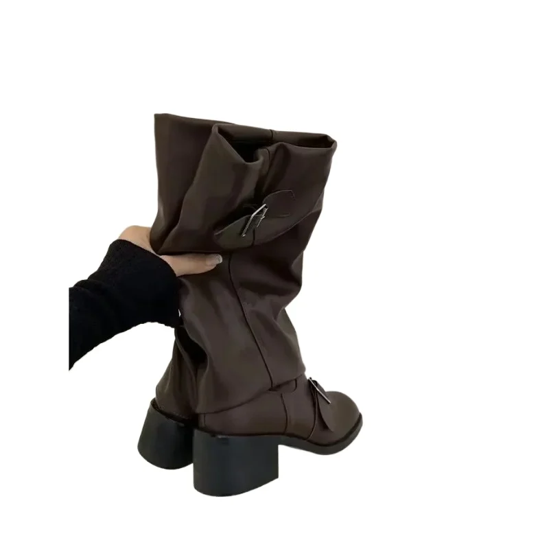 New Rock Leather Fashion Women's Shoes Motorcycle Footwear Woman Boots Knee High Platform Chunky Heels Trend Punk Gothic