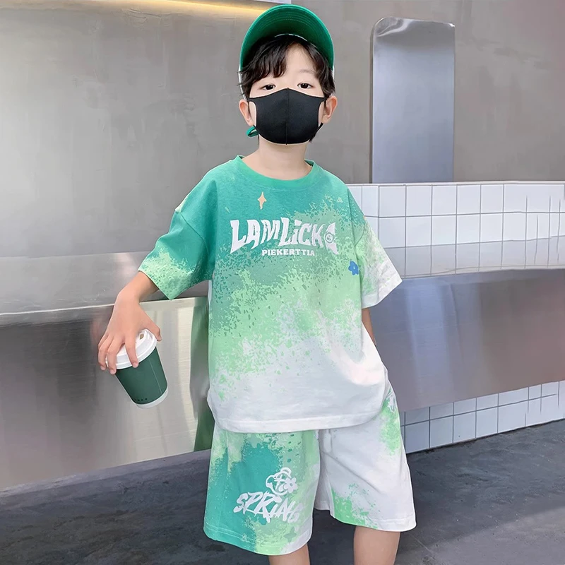 Summer Boys Clothing Sets Cotton Gradient Short Sleeve T-Shirt Shorts 2Pcs Sport Suit Teen Clothes Children Casual Outfits  789