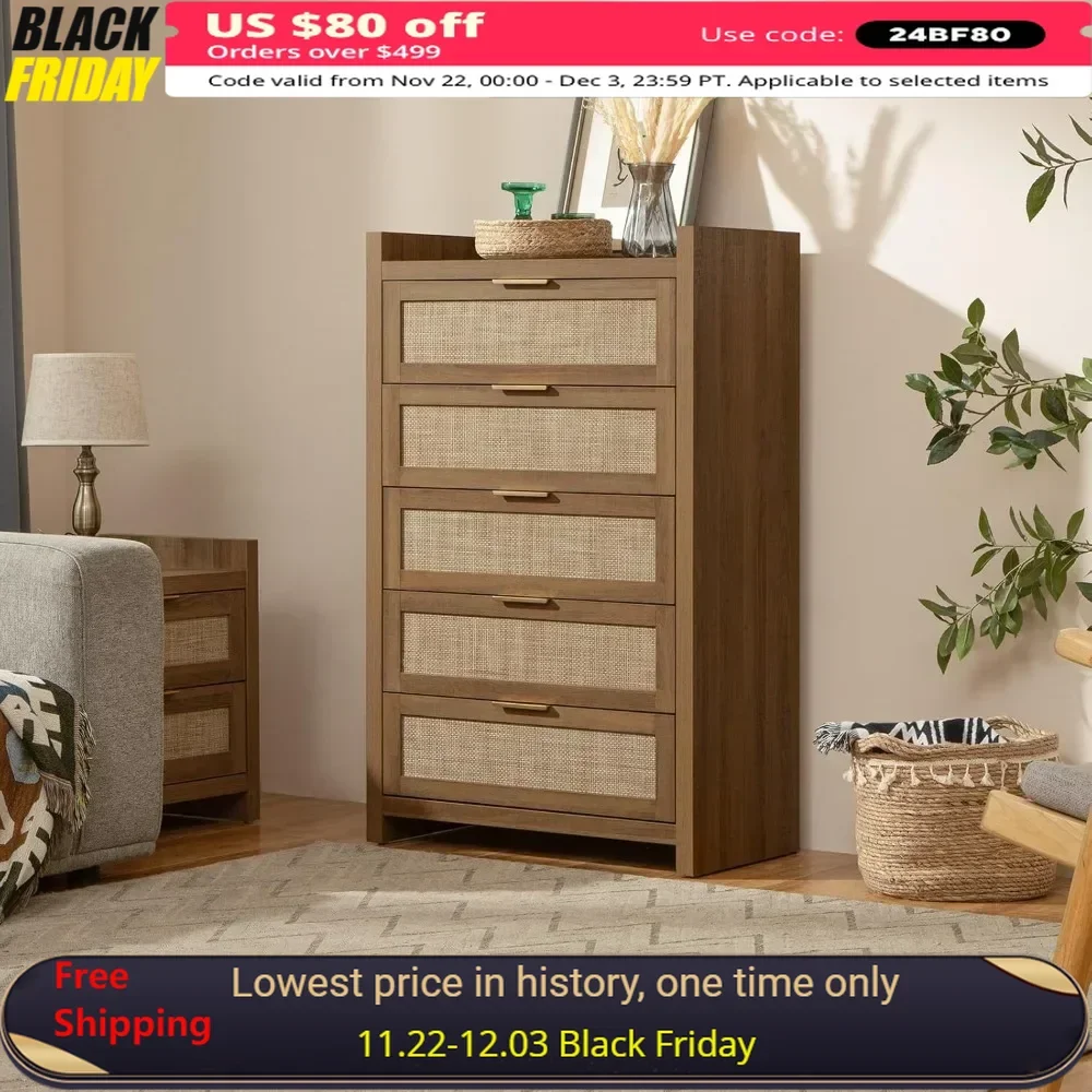 Tall Bedroom Drawers with 5 Rattan Wood Dresser, Sturdy & Durable, Safe & Secure, Easy To Assemble, Bedroom Storage Cabinet