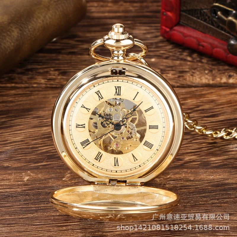 New Products in Stock Hot Sale Gold Double Open Cover Carved Vintage Manual Manipulator Large Pocket Watch Male and Female Stude