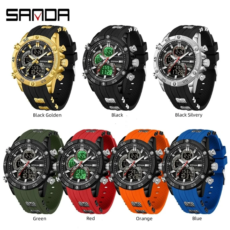 SANDA 6162 Electronic Men's Watch Multi Functional Waterproof Luminous Chronograph Pointer Digital Dual Display Watches for Men