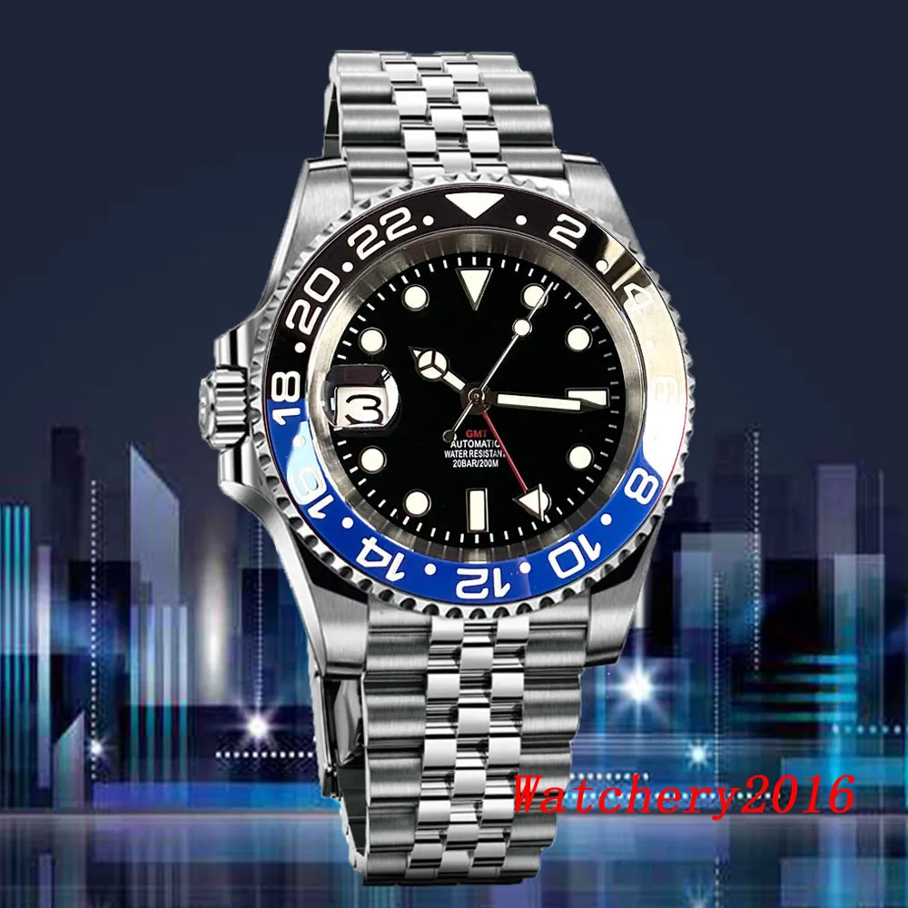 

Tandorio 40mm GMT Sapphire Glass Left Hand Crown NH34 NH34A GMT Mechanical Automatic Men's Watch Blue Red Bezel Luminous