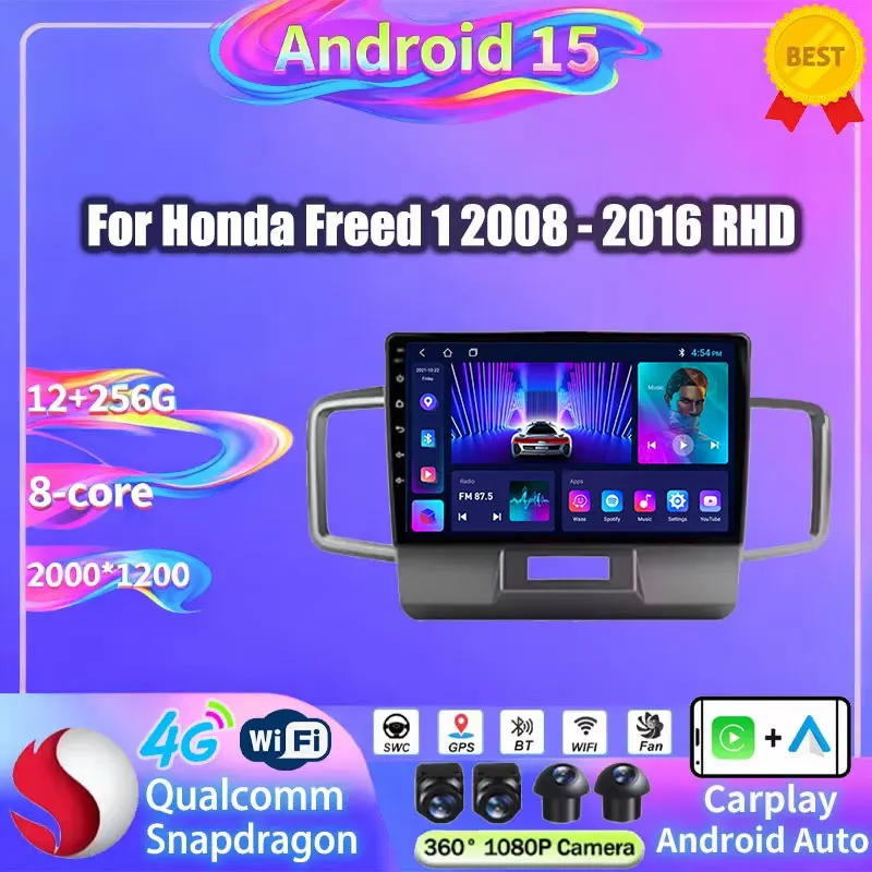 Android 15 Car Radio Wireless Carplay Auto For Honda Freed 1 2008 - 2016 RHD 2K Screen 360 Camera 4G LTE Multimedia Video Player
