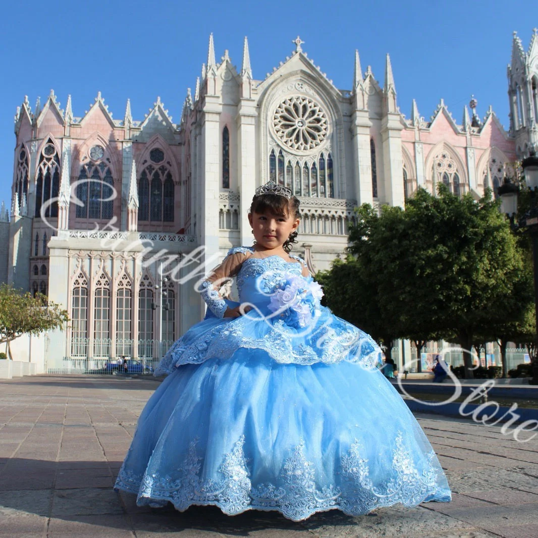 Sky Blue Tulle Puffy Lace Applique Flower Gir Dress For Wedding Princess Kids Birthday Party First Communion Ball Gowns Custom