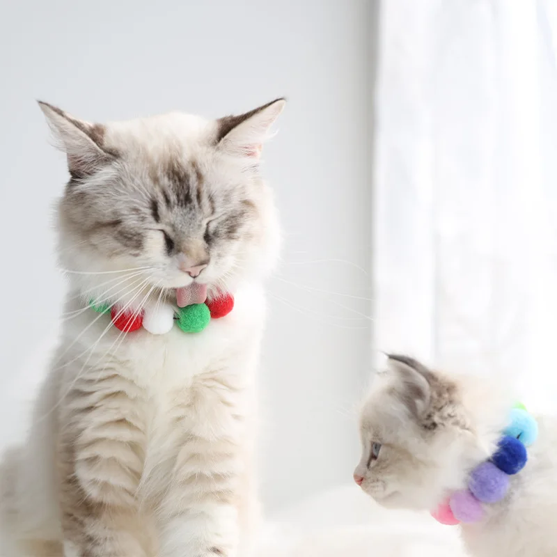 Cute Dog Cat Plush Ball Bells Necklace Soft Elasticity Collar Pet Neck Accessories Macaron Pompom Ball Necklace Gift for Puppy