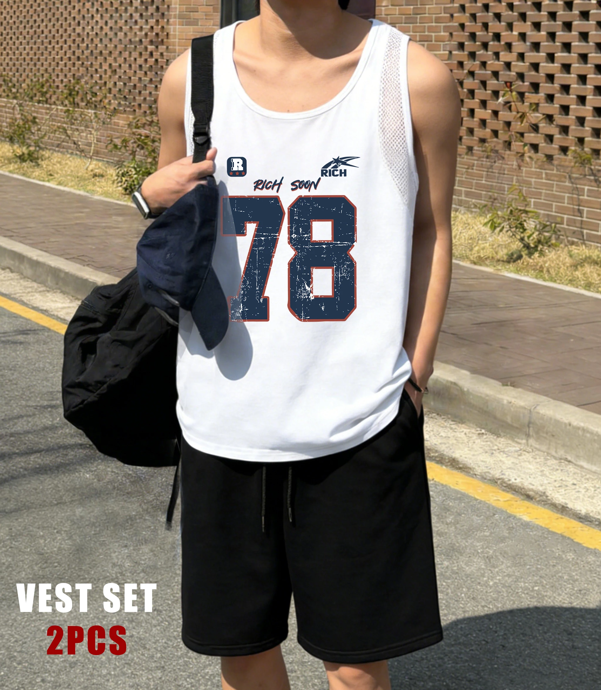 

Rich Soon Number 78 Reticular Vest Set Men Summer Soft Shorts All-Match Sweatpants O-Neck Sleeveless Tee Unisex Fashion Sportset
