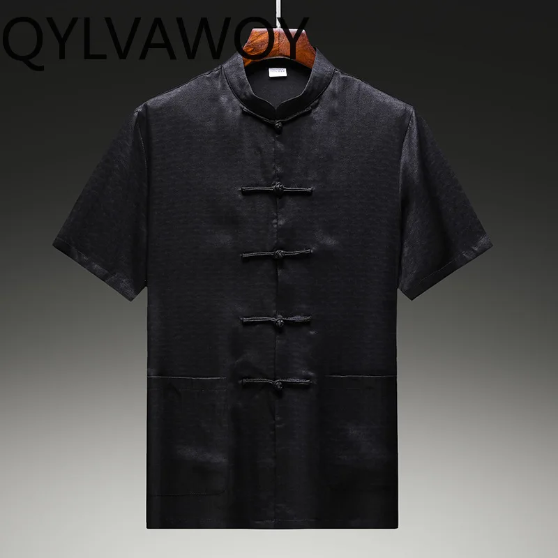 QYLVAWOY 100% Pure Mulberry Silk Gambiered Shirt for Men Chinese Tang Style Short Sleeve Top Frog Buttons Vintage Black Shirts